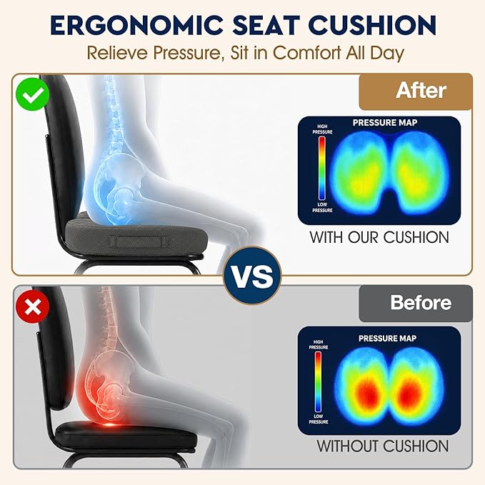 TushGuard Seat Cushion - for Office Chair, Car Seat, Airplane, Bleacher - Sciatica & Coccyx Pain Relief Desk Chair Cushion for Long Sitting Office Workers, Car Drivers(Grey, XXX-Large)