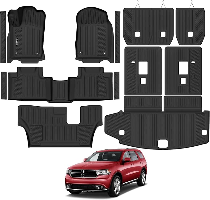 Floor Mats for 2013-2015 Dodge Durango 7 Seats/Bench Seats, Trunk Mat and 2nd/3rd Backrest Mat & Door Sill Guard All Weather TPE Protector for Dodge Durango Accessories