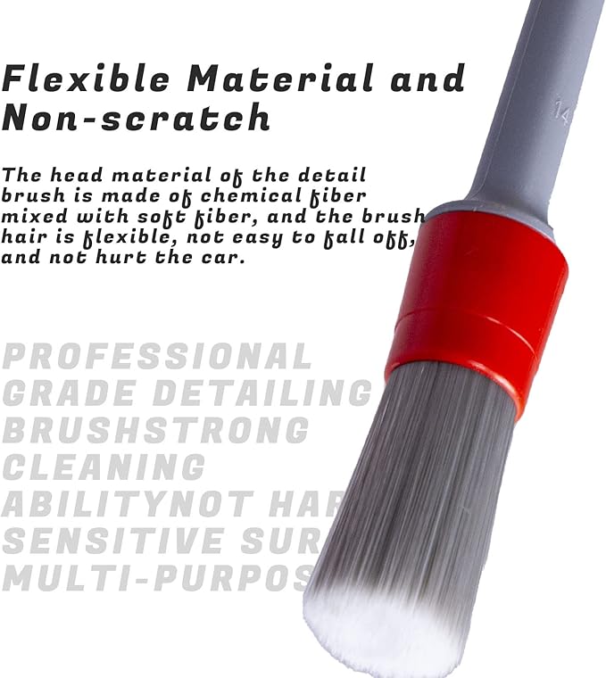 Detailing Brush Set - 5 Different Sizes Premium Natural Boar Hair Mixed Fiber Plastic Handle Automotive Detail Brushes for Cleaning Wheels, Engine, Interior, Air Vents, Car, Motorcy Grey