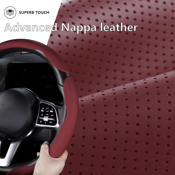 Car Steering Wheel Cover Leather Snap On 3Pcs Set Non-Slip Protector Wrap Steering Wheel Accessories 14.5-15 inch Universal Wine Red