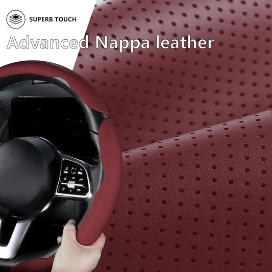 Car Steering Wheel Cover Leather Snap On 3Pcs Set Non-Slip Protector Wrap Steering Wheel Accessories 14.5-15 inch Universal Wine Red