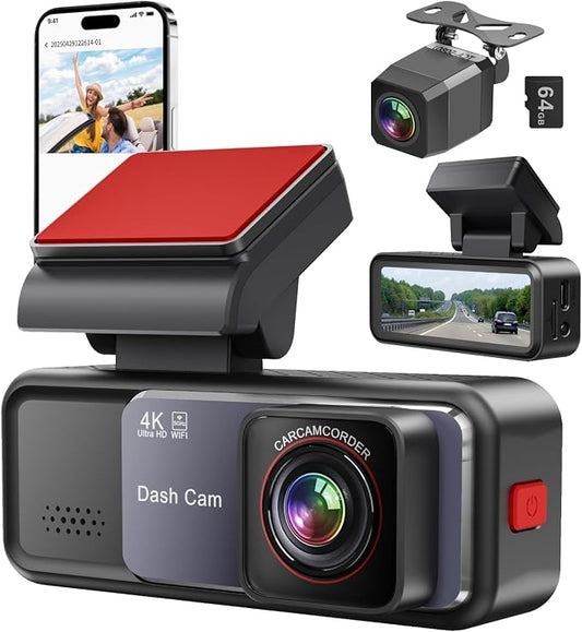 4K+2K Dash Cam Front and Rear, Free 64GB Card Included, 5.8GHz WiFi Dash Camera for Cars, Built-in G-Sensor, 3.2” IPS Screen, 170°Wide Angle, Night Vision, 24 Parking Mode, Black