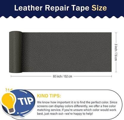Zenyao Leather Repair Patch Tape - Self Adhesive Leather Repair Kit for Car Seat Furniture, Heavy Duty Vinyl Repair Patch for Couch Sofa, Waterproof Fix for Tears, 3x60 Inch Roll, Dark Grey