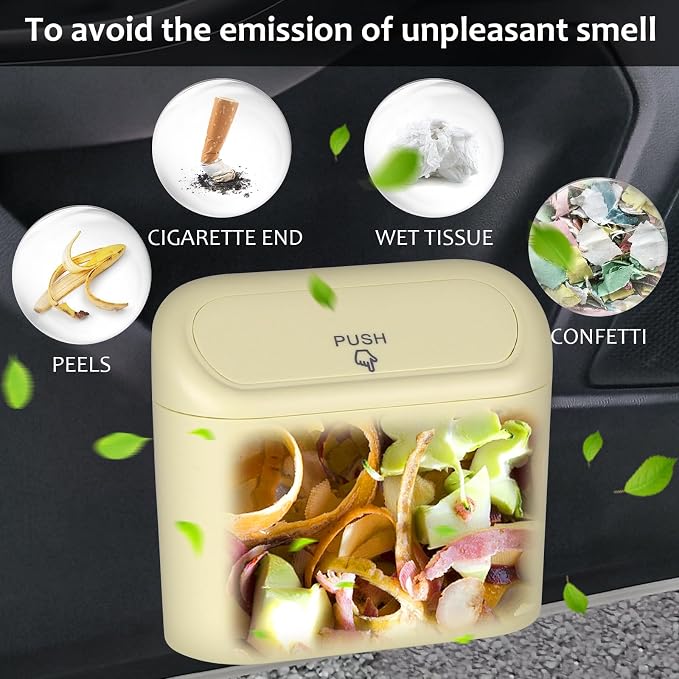 Accmor Car Trash Can, Portable Vehicle Trash Bin with Lid, Car Dustbin Garbage Organizer Holder with One Roll Trash Bag, Leakproof Hanging Mini Cars Storage Bag Container for Auto, SUV, Office (Beige)