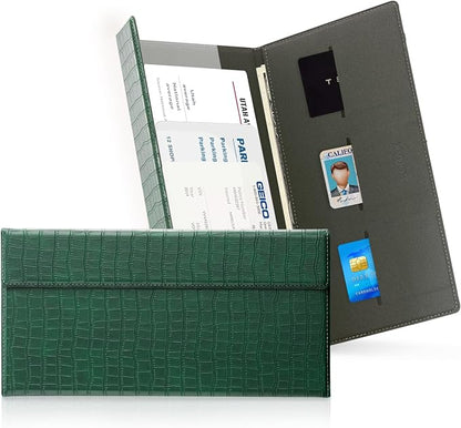 CoBak Leather Car Registration and Insurance Holder with Magnetic Compartment - Vehicle Glove Box Organizer for Driver License, Cards, Emergency Cash - Auto Truck Accessories Case, Dark Green