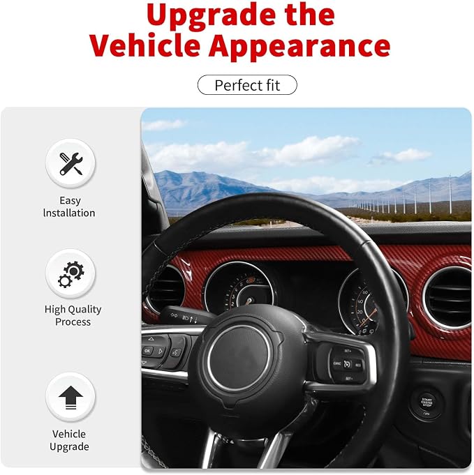 for JL Dashboard Decorative Panel Cover, Center Console Trim Cover Kit Compatible with 2018-2023 Jeep Wrangler JL JLU & Jeep Gladiator JT(Red Carbon Fiber)