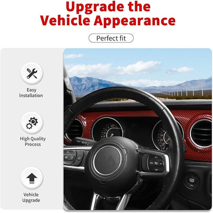 for JL Dashboard Decorative Panel Cover, Center Console Trim Cover Kit Compatible with 2018-2023 Jeep Wrangler JL JLU & Jeep Gladiator JT(Red Carbon Fiber)