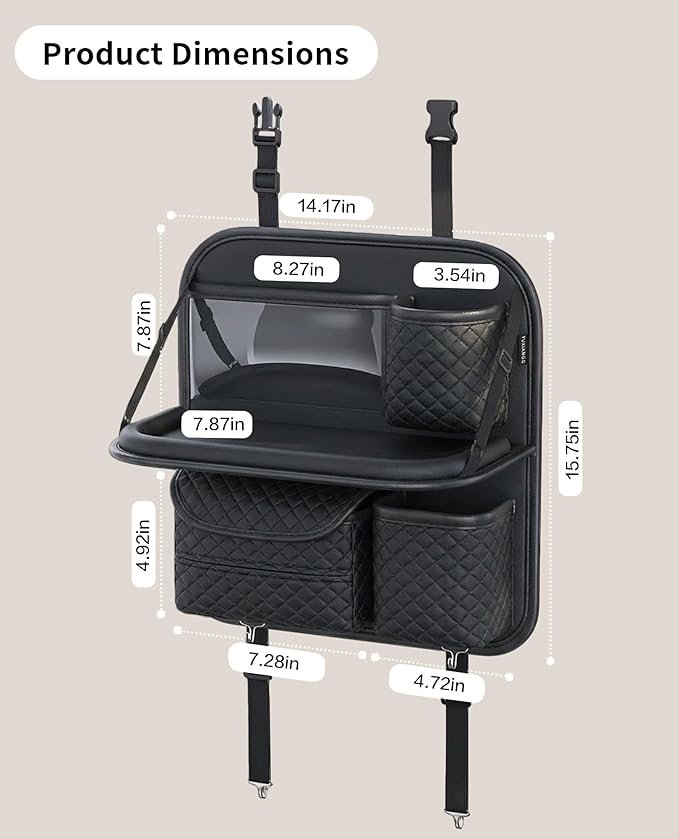 PU Leather Backseat Car Organizer with Foldable Tray & Tablet Holder, Luxury Diamond Stitching Design, Universal Car Seat Storage Organizer for Kids & Family Travel Accessories, Black