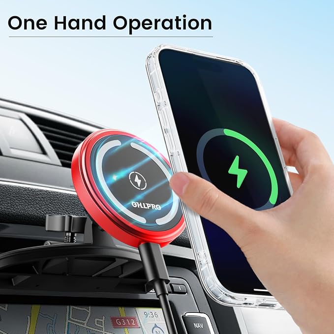 OHLPRO 15W Magsafe Car Mount Charger for iPhone 17, Fast Wireless Charging Magnetic CD Slot Holder with 3M Adhesive Base for Dashboard, Aluminum Shell, Compatible with iPhone 16 15 14 Series, Red