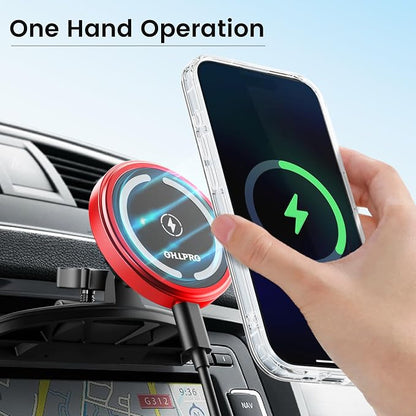 OHLPRO 15W Magsafe Car Mount Charger for iPhone 17, Fast Wireless Charging Magnetic CD Slot Holder with 3M Adhesive Base for Dashboard, Aluminum Shell, Compatible with iPhone 16 15 14 Series, Red