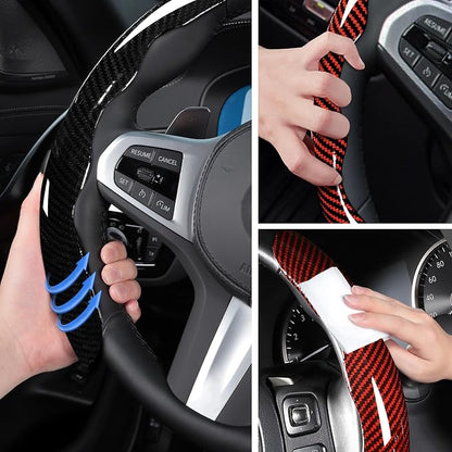 Car Steering Wheel Cover Set Bright Carbon Fiber Wrap Non-Slip 3pcs Steering Wheel Accessories 14.5-15 inch Universal (Black Red)