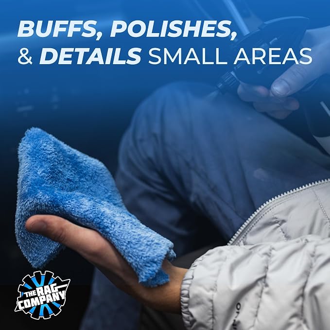 The Rag Company - The Eaglet 500 - Professional Korean 70/30 Blend; Super Plush Microfiber Detailing Towels; Perfect for Wheels, Mirrors, and More; 500GSM; 8inx8in, Blue (10-Pack)