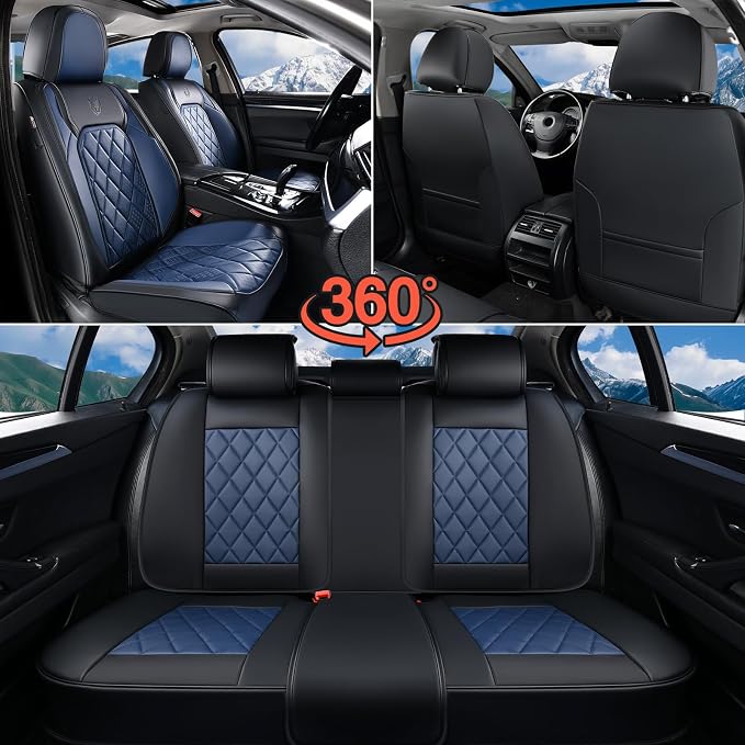 Coverado Leather Seat Covers, Car Seat Covers Full Set, Waterproof Faux Leather Black and Blue Seat Covers, Car Seat Protectors 5 Seats, Automotive Seat Covers Universal Fit for Most Cars SUV Trucks