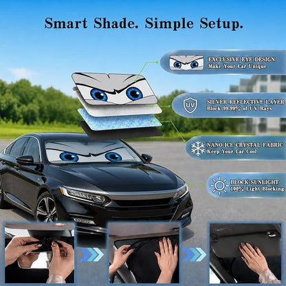 Car Windshield Sun Shade, Funny Eyes Car Sun Shade, Windshield Cover Universal Fits Crossover Mid-Large Sedan SUV Family Vehicle,UV Heat Protection - 63 x 31.5
