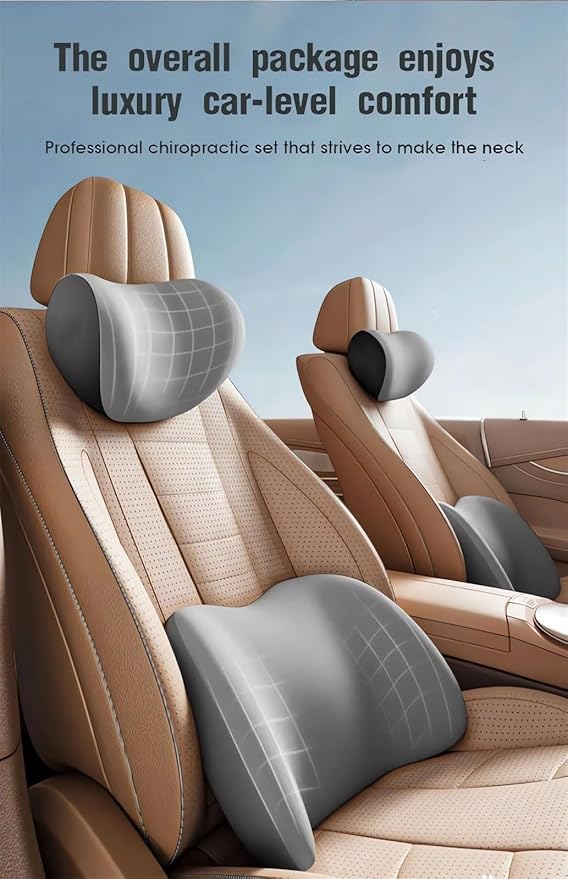 Car Headrest & Lumbar Support Cushion Ergonomic Car Seat Neck Back Rest Pillows Orthopedic Memory Foam Head Rest and Lower Lumbar Support Pillow Set Backrest Driving Seat Office Chair Support (Grey)