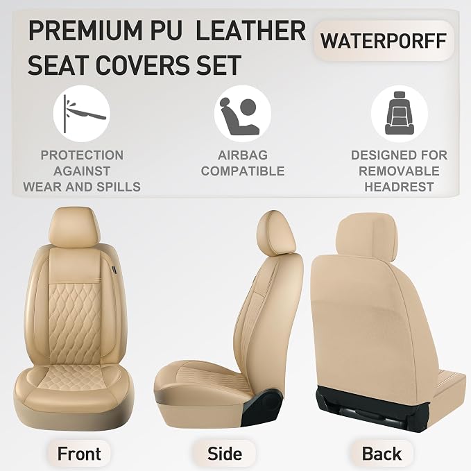 CAROMOP Faux Leather Car Seat Covers Full Set,Luxury and Comfortable Covers for Cars,Split Bench Compatible Car Interior Covers,Universal Fit for Suvs,Vans,Trucks,Airbag Compatible(5-Seat Beige)