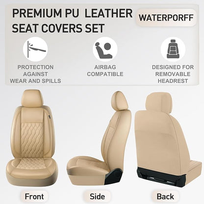 CAROMOP Faux Leather Car Seat Covers Full Set,Luxury and Comfortable Covers for Cars,Split Bench Compatible Car Interior Covers,Universal Fit for Suvs,Vans,Trucks,Airbag Compatible(5-Seat Beige)