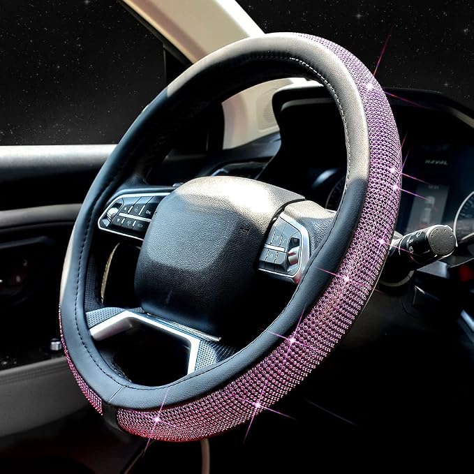 ChuLian New Diamond Leather Steering Wheel Cover with Bling Bling Crystal Rhinestones, Universal Fit 15 Inch Car Wheel Protector for Women Girls Purple Diamond