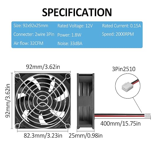 2 Pack 90mm 92mm 12V DC Computer PC Fan 2 Wire 3pin Cooling Fan for Computer Case Cooler 2000RPM