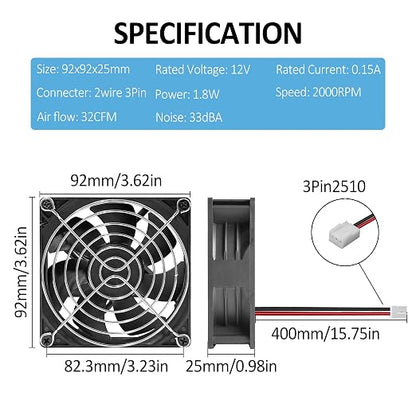 2 Pack 90mm 92mm 12V DC Computer PC Fan 2 Wire 3pin Cooling Fan for Computer Case Cooler 2000RPM