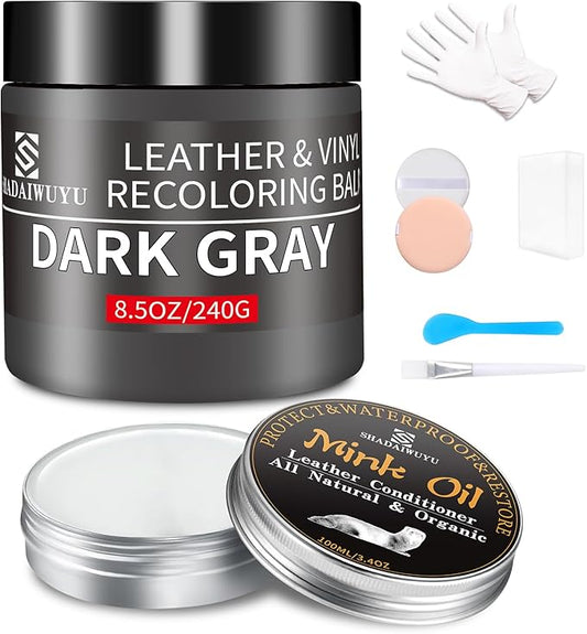 SHADAIWUYU 8.5oz Leather Recoloring Balm with 100ml Mink Oil,Dark Gray Leather Repair kit for Furniture and Car Interior,Leather Couch Scratch Repair,Leather Dye Paint,Mink Oil for Leather