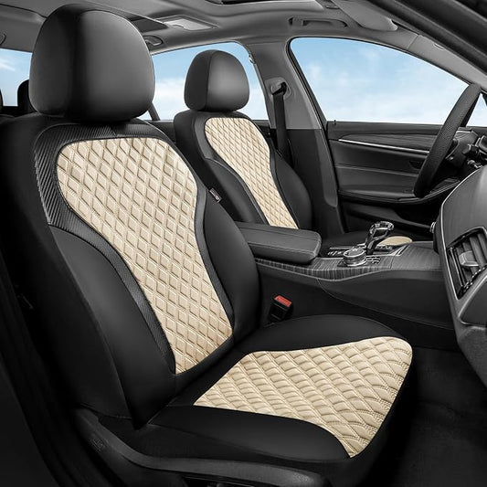 Coverado Front Seat Covers, 2-Pack Luxury Diamond Leather Car Seat Cover with Carbon Fibre Weave Design, Waterproof Car Seat Protectors, Black&Beige Driver Seat Covers Universal Fit for Cars Trucks