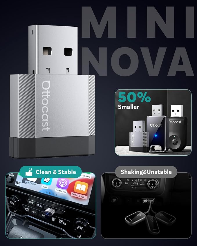 OTTOCAST Mini Nova Wireless CarPlay Adapter Convert Wired to Wireless CarPlay Fast Auto Connect, Plug & Play 2 in 1 Mini Dongle for Factory Wired CarPlay/Android Auto Cars