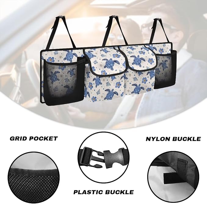 Turtle Car Backseat Organizer Florals Collapsible Cars Storage Bag with 4 Pockets Foldable Vehicle Interior Cargo Organizer Accessories Universal Fit for Cars SUV Sedans