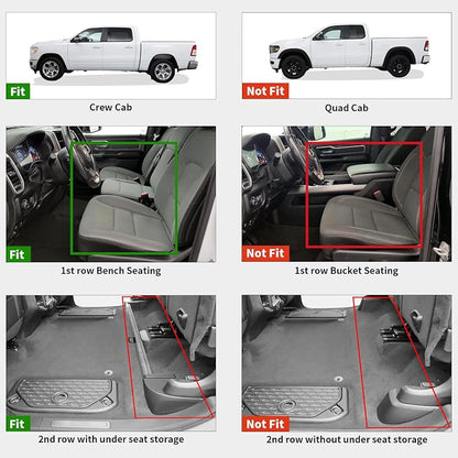 LASFIT Floor Mats for Ram 1500 Crew Cab 2019-2024 Bench Seat (NOT for Bucket/Classic Model/Quad Cab) with Rear Under-Seat Storage 4 Full Size Doors, All Weather TPE Custom Fit 1st & 2nd Row, Black