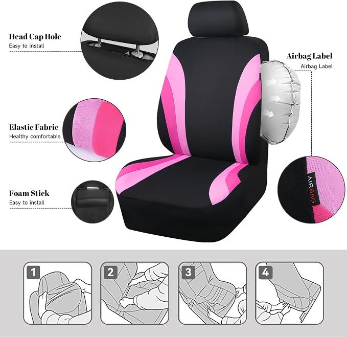 CAR PASS Line Rider Sporty Front Seat Covers,Pink Car Seat Covers Two Front Seats Only for Cute Women Girl, Airbag Compatible,Universal Fit Sedans,Cars,Vans,SUV,Truck(Black and Pink)