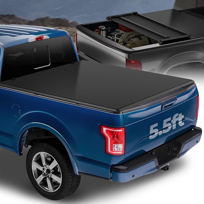 Auto Dynasty Soft Tri-Fold Truck Bed Tonneau Cover Compatible with 2015-2025 Ford F-150 5.5Ft/66Inch Fleetside Bed, Matte Black Soft Vinyl Top