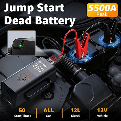 Lehwey Portable Jump Starter with Air Compressor - 12V Car Battery Jumper Starter Box 5500A (All Gas/12L Diesel) 9-in-1 with Air Blower, 150PSI Tire Inflator, 3-Mode Emergency Flashlight, LCD Display