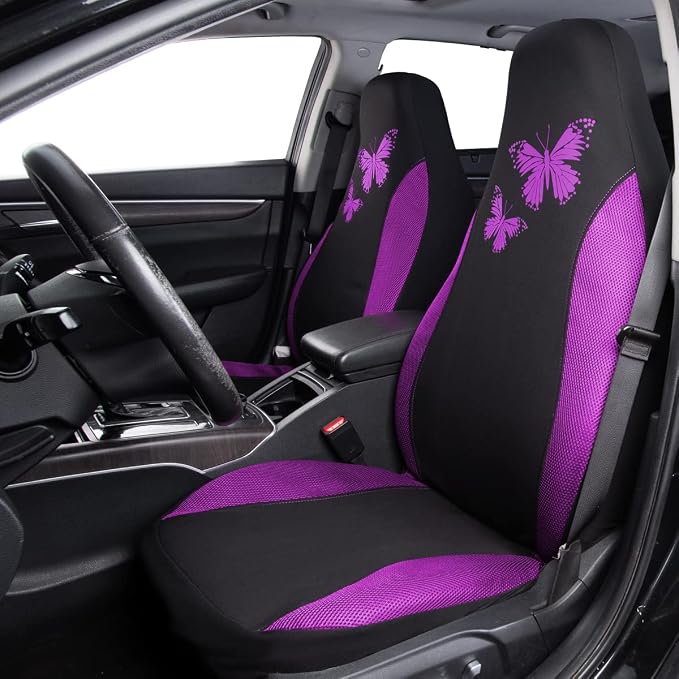 Flying Banner Butterfly car seat Covers ful Set Fashion Universal Lady Woman Female Rear Bench Split Colorized (2 Fronts, Purple)