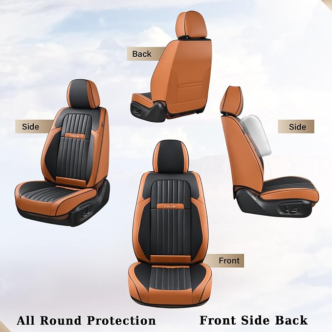 Coverado Car Seat Covers Full Set, Car Seat Protector Car Seat Cushion, Nappa Leather Seat Covers for Cars, Front and Back Seat Protectors Cushions Universal Fit for Most Cars Vehicles(Brown&Black)