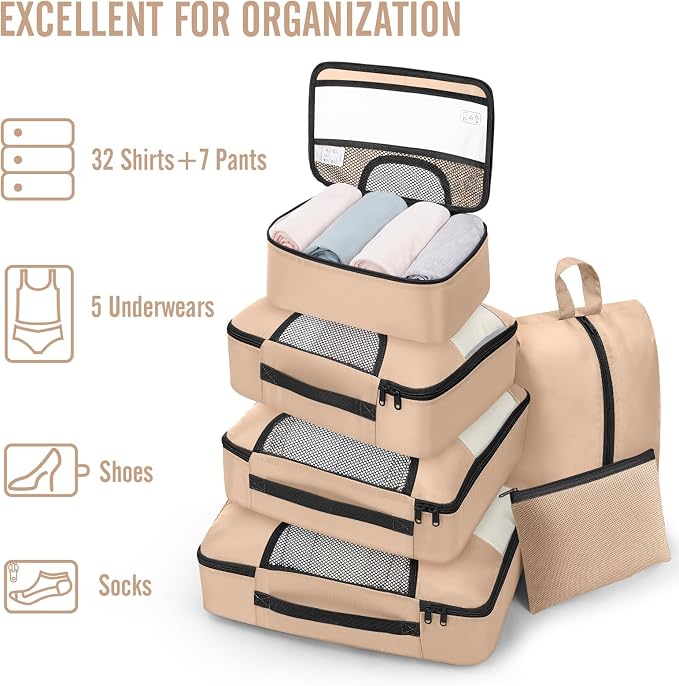 Veken 8 Set Packing Cubes for Travel Essentials,Anti-Wrinkle Buckled Suitcase Organizer for Shoe & Toiletry Bag,Carry On Luggage Bag with 99+ Count Mesh Holes for Airplane & College Dorm Accessories