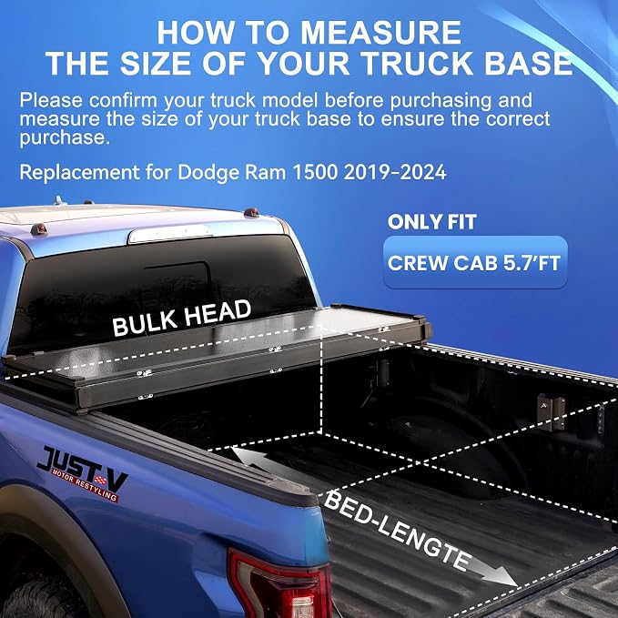 Just-V Hard Tri-Fold Truck Bed Tonneau Cover for Dodge Ram 1500 2019-2024 Crew Cab 5.7FT Bed Without RamBox, Not Fit Multi-Function (Split) Tailgate, Solid FRP Textured Black