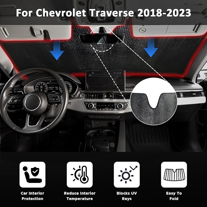 Car Windshield Sun Shade for Chevrolet Chevy Traverse 2018-2023, Front Window Sunshade Sun Visor Protection Cover Accessories -5-Layer Bubble Foldable Thicken Blocks Heat & UV Rays