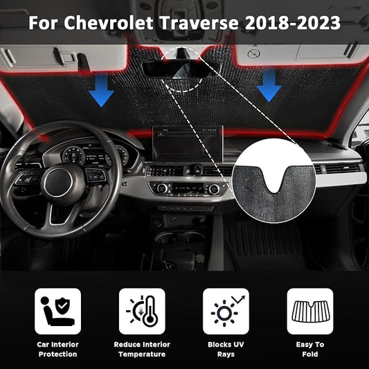 Car Windshield Sun Shade for Chevrolet Chevy Traverse 2018-2023, Front Window Sunshade Sun Visor Protection Cover Accessories -5-Layer Bubble Foldable Thicken Blocks Heat & UV Rays
