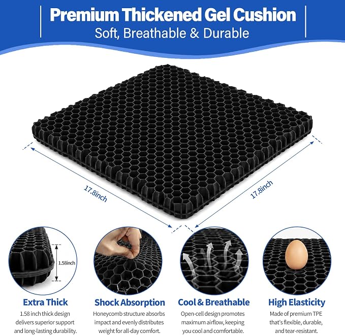 Gel Seat Cushion for Long Sitting – Double-Layer Honeycomb Cooling Chair Pad, Thick Supportive Gel Cushion with Breathable Non-Slip Cover for Office Chair, Car, Wheelchair & Long Sitting（Black）