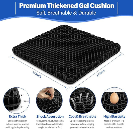 Gel Seat Cushion for Long Sitting – Double-Layer Honeycomb Cooling Chair Pad, Thick Supportive Gel Cushion with Breathable Non-Slip Cover for Office Chair, Car, Wheelchair & Long Sitting（Black）