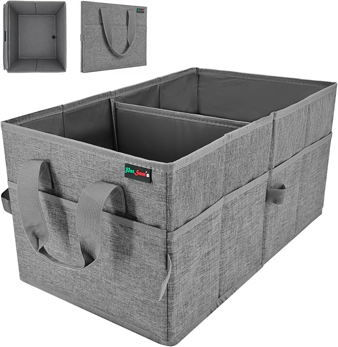 PAT SAM'S Car Trunk Organizer for SUV, Foldable Collapsible Storage Organizer with Dividers, Non-Slip Waterproof 600D Oxford, Backseat & Trunk Storage for Groceries, Tools, Toys (Gray)