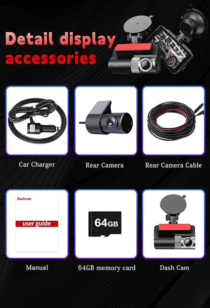4K Dash Cam Front and Rear, G-Sensor, Free 64GB Card Included, 5.8GHz WiFi with Dash Camera for Cars, Time-Lapse Recording, 3" HD IPS, 24H Parking Mode,Night Vision