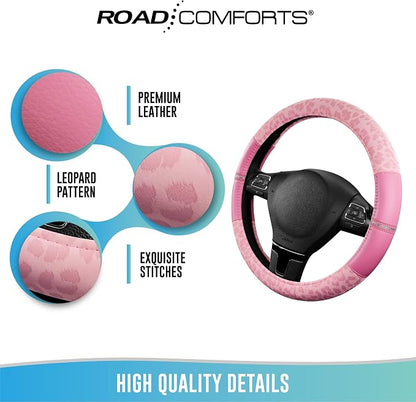 Road Comforts Leopard Steering Wheel Cover for Women, Cute Anti-Slip Microfiber Leather, Universal Fit 14.5-15 Inch Round Steering Wheel - Full Pink