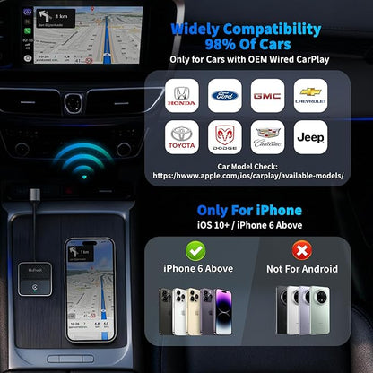 Wireless CarPlay Adapter for iPhone,Turns Factory Wired CarPlay to Wireless for Apple Car Play with USB Or USB-C | CarPlay Adapter Plug & Play Connect WiFi & Bluetooth for iPhone 6+ / iOS 10 +