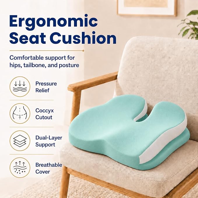 Seat Cushions for Office Chairs Wheelchair Cushion for Long Sitting Back Pain，Memory Foam Seat Car Computer Desk Chair Cushion，Coccyx Cushion for Tailbone Pain Relief Cushion Office Chair Green