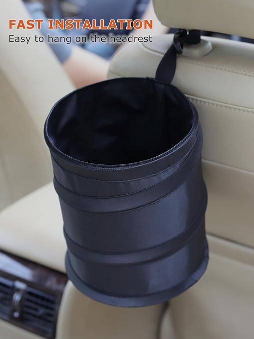 Ginsco 2Packs New Leakproof Car Trash Can, Mini Trash Can Pop-up Collapsible Hanging Car Trash Bin with Hook and Loop, Waterproof PEVA Liner Open-Top 1 Gallon Garbage Can for Cars Home Office