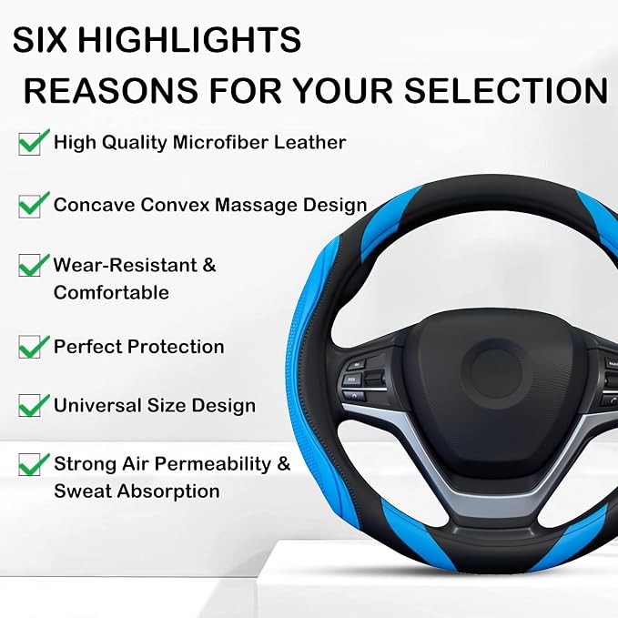 Concave Convex Massage Black Blue Microfiber Leather Steering Wheel Cover, 14.5-15 Inch Non-Slip Breathable Microfiber Car Steering Wheel Protector