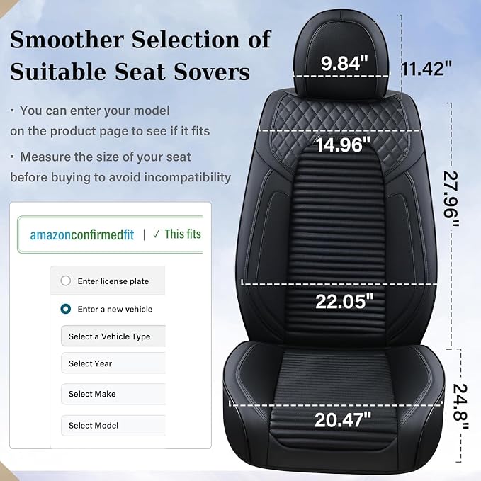 Coverado Front Seat Covers, Black Nappa Leather Car Seat Covers, Black Seat Covers for Cars, Car Seat Protector Cushions Universal Fit for Most Sedans SUV Pick-up Truck