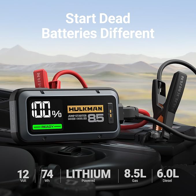 Hulkman Alpha85 Smart Portable Jump Starter, 2000A Battery Booster Pack with LED Display, Flashlight, 74Wh Power Bank & Jumper Cable, 12V Jump Box for up to 8.5L Gas & 6.0L Diesel, Cars, SUVs & Trucks