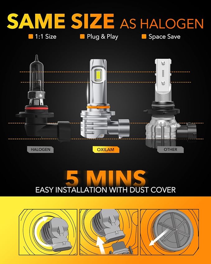 OXILAM 9005 LED Bulbs, 1000% Ultra-Bright, 6500K Super Bright, 3 Min Quick Install, 1:1 Mini Size, Plug and Play, Pack of 2